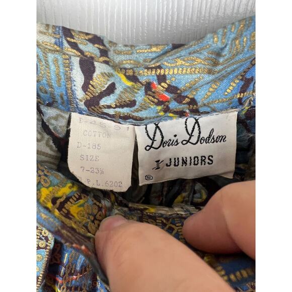 Vintage Doris Dodson Size 7 - 23 1/2 Blue Gold A Line Poplin Metallic Boho Skirt - Picture 4 of 9